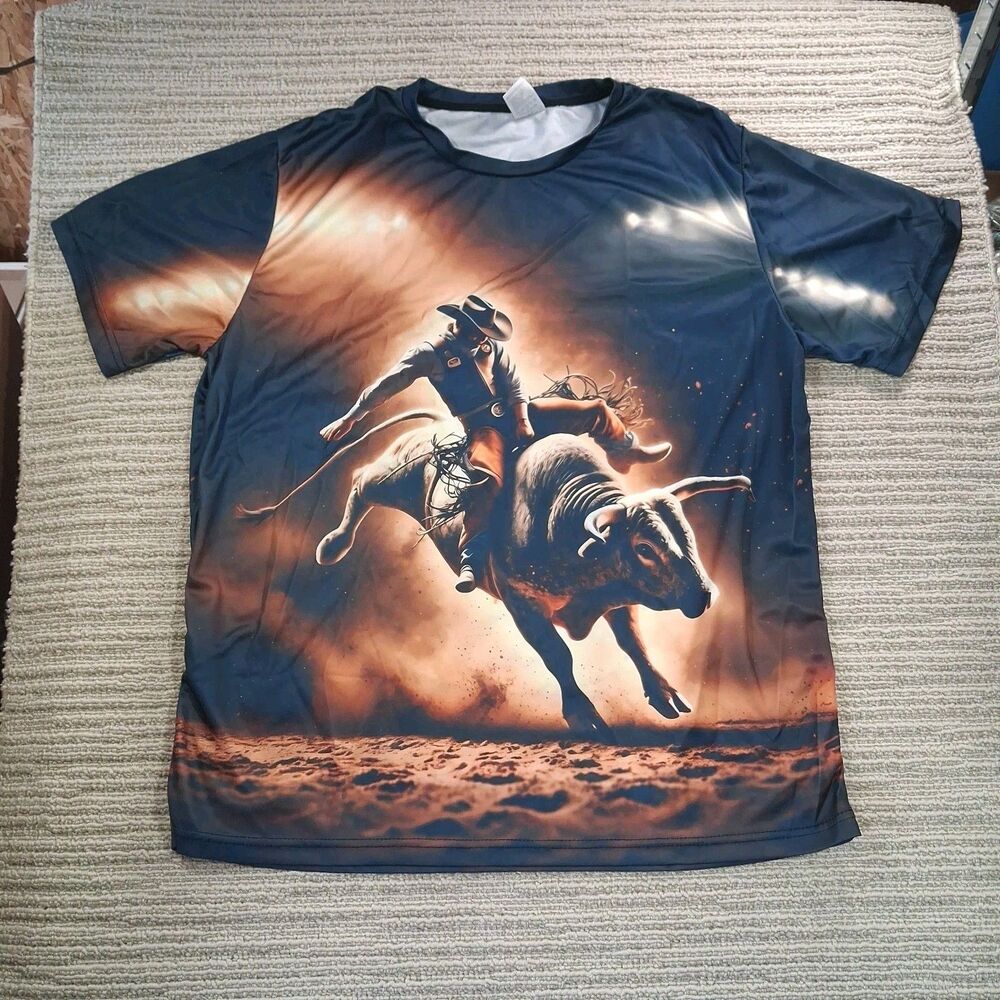 Mens Bull Riding Graphic T Shirt XL Rodeo Cowboy All Over Print Short Sleeve Tee